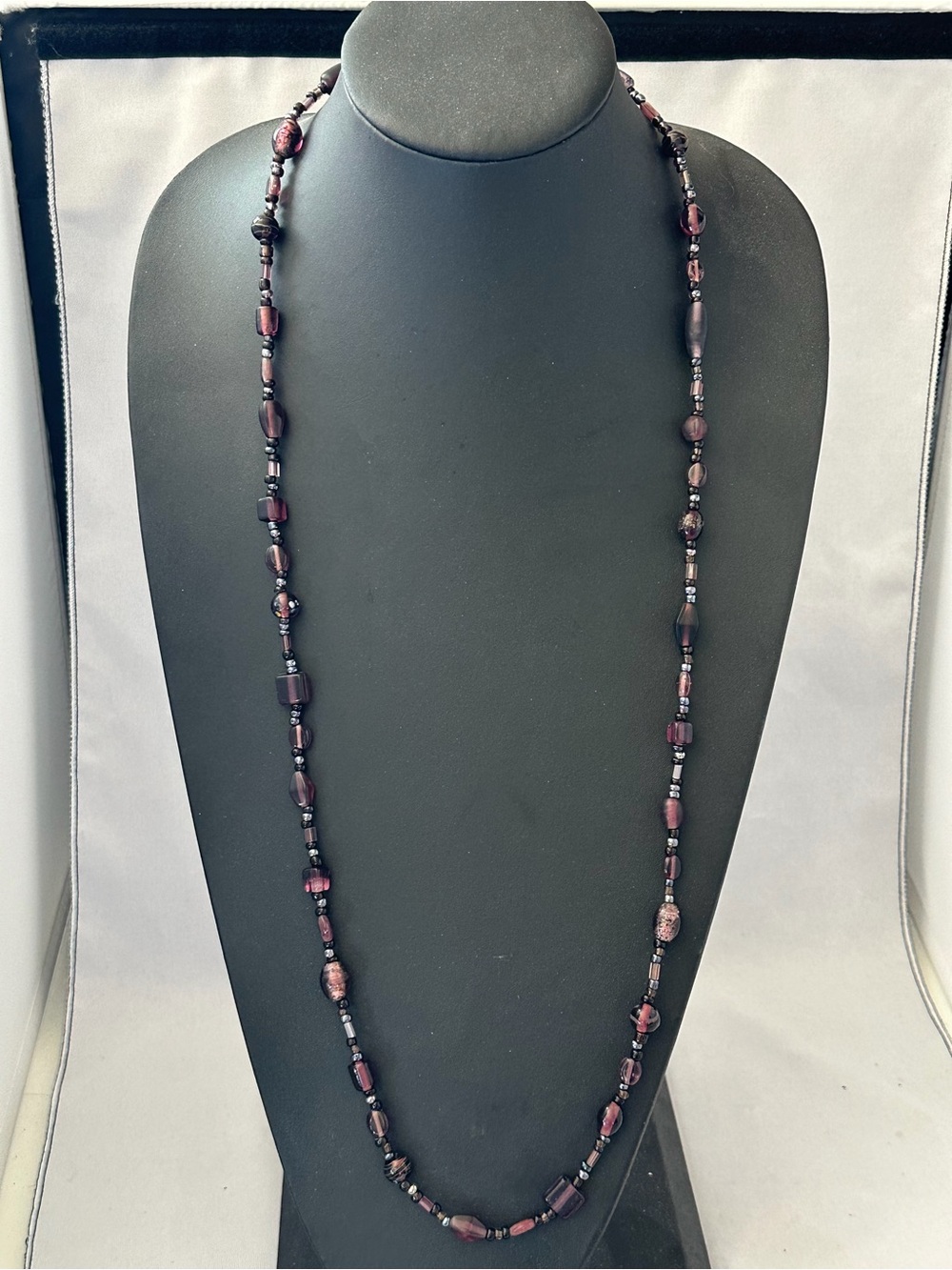 Long Art Glass Beaded Necklace in Shades of Purple